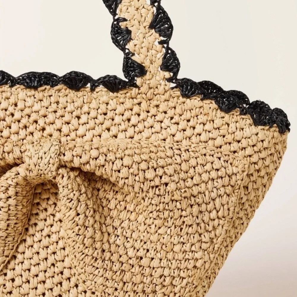 kate spade Natural Raffia Tote with Black Scalloped Trim